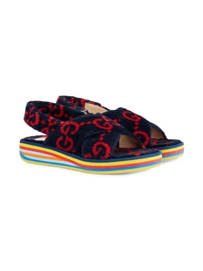 Gucci Kids' Marinella Gg Supreme Cotton Terry Sandal In Navy,red