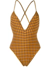 Fendi Gingham Check Swimsuit In Brown