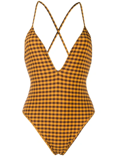 Fendi Gingham Check Swimsuit In Brown