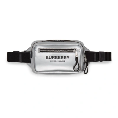 Burberry Logo Metallic Coated Canvas Belt Bag In Silver