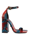 VERSACE EMBOSSED-SNAKESKIN LEATHER BLOCK HEEL SANDALS,0400012517629