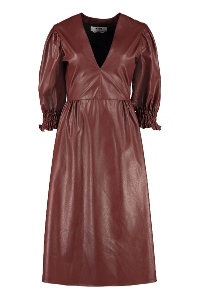 Msgm Leather Effect V-neck Dress In Brown