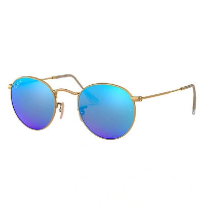 Ray Ban Round Flash Lenses Sunglasses Gold Frame Blue Lenses Polarized 50-21