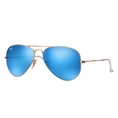 Ray Ban Aviator Flash Lenses Sunglasses Gold Frame Blue Lenses 62-14