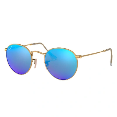 Ray Ban Round Flash Lenses Sunglasses Gold Frame Blue Lenses Polarized 53-21