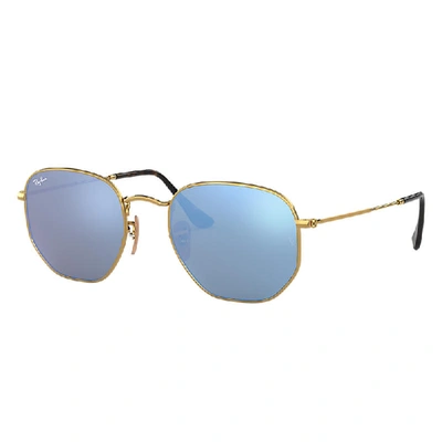 Ray Ban Hexagonal Flat Lenses Sunglasses Gold Frame Blue Lenses 51-21