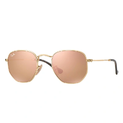 Ray Ban Hexagonal Flat Lenses Sunglasses Gold Frame Brown Lenses 48-21