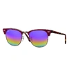 RAY BAN CLUBMASTER MINERAL FLASH LENSES SUNGLASSES RED FRAME BLUE LENSES 51-21