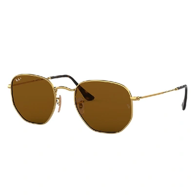 Ray Ban Hexagonal Flat Lenses Sunglasses Gold Frame Brown Lenses Polarized 54-21