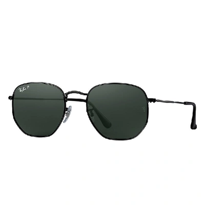 RAY BAN HEXAGONAL FLAT LENSES SUNGLASSES BLACK FRAME GREEN LENSES POLARIZED 54-21