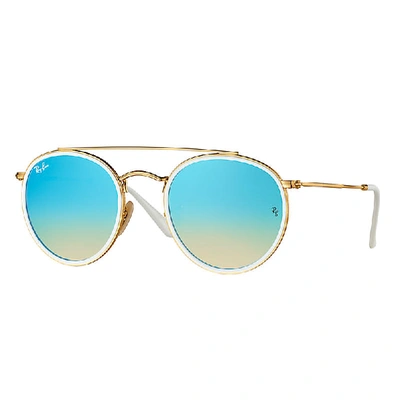 RAY BAN SUNGLASSES UNISEX ROUND DOUBLE BRIDGE - GOLD FRAME BLUE LENSES 51-22