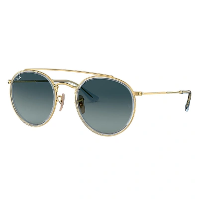 Ray Ban Round Double Bridge Sunglasses Gold Frame Blue Lenses 51-22