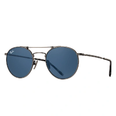 Ray Ban Round Double Bridge Titanium Sunglasses Pewter Frame Blue Lenses 50-21 In Grau