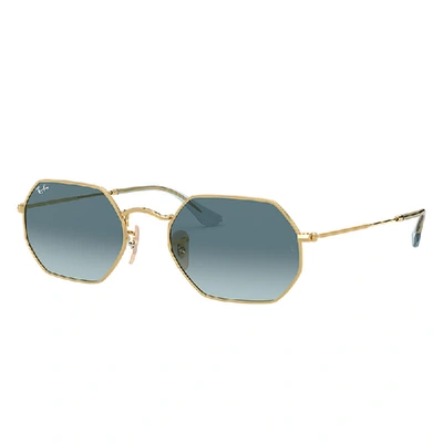 Ray Ban Octagonal Classic Sunglasses Gold Frame Blue Lenses 53-21