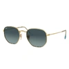 RAY BAN HEXAGONAL FLAT LENSES SUNGLASSES GOLD FRAME BLUE LENSES 54-21