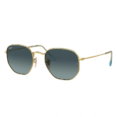 RAY BAN HEXAGONAL FLAT LENSES SUNGLASSES GOLD FRAME BLUE LENSES 48-21