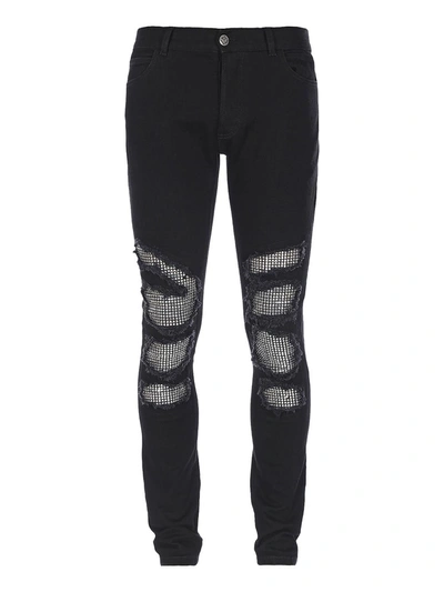 Balmain Distressed Embellished Jeans In Black