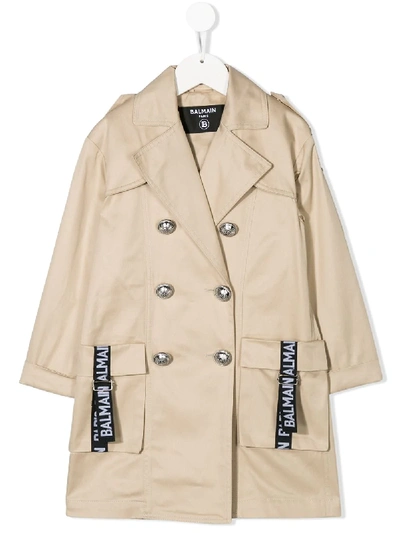 Balmain Kids' Double Breasted Trench Coat In Neutrals