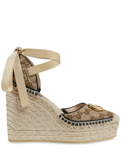 Gucci Beige Pilar 85 Logo Espadrille Wedge Sandals