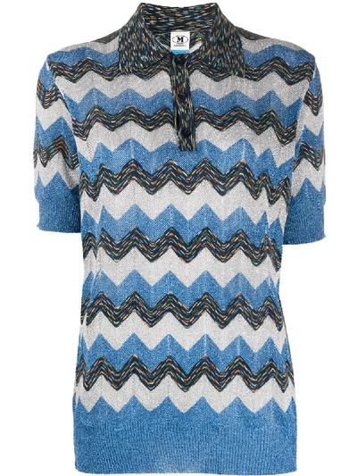 M Missoni Zig-zag Knitted Polo Shirt In Blue