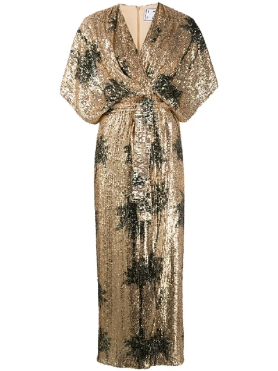 In The Mood For Love Palm Tree Printed Sofy Sequin Wrap Dress In Gold