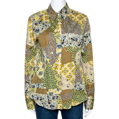 Pre-owned Etro Yellow Stretch Cotton Multi Print Button Front Shirt L
