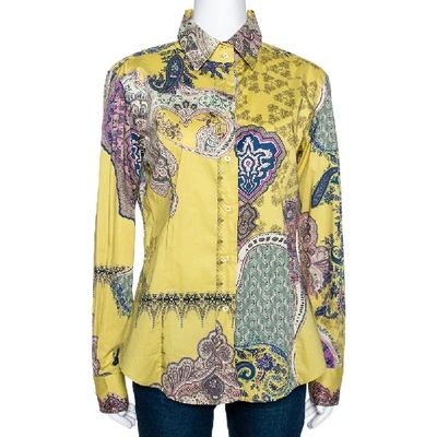 Pre-owned Etro Yellow Paisley Printed Stretch Cotton Button Front Shirt L