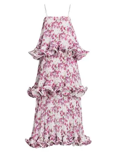 Amur Dewy Floral Tiered Ruffle Gown In White Multi