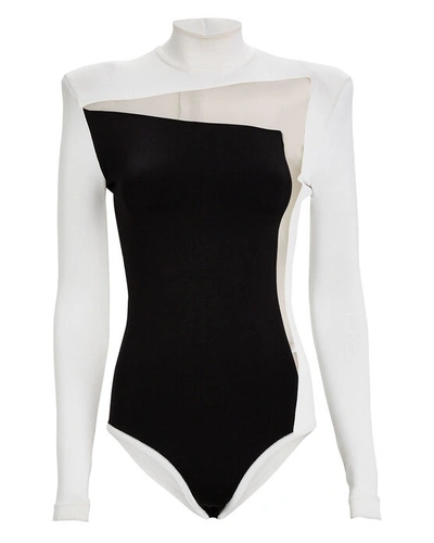 Balmain Turtleneck Cut-out Tulle Bodysuit In Black/white