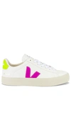Veja Campo Easy Sneakers In White Leather In Extra White & Ultraviolet & Jaune-fluo
