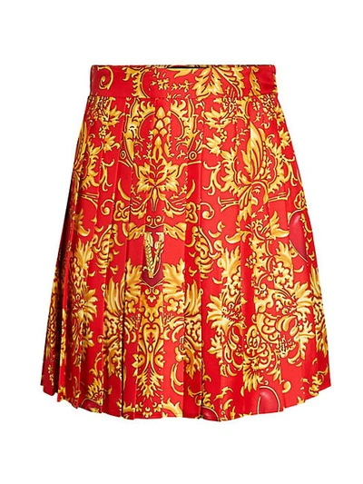 Versace Baroque-print Pleated Silk Skirt In Red Print