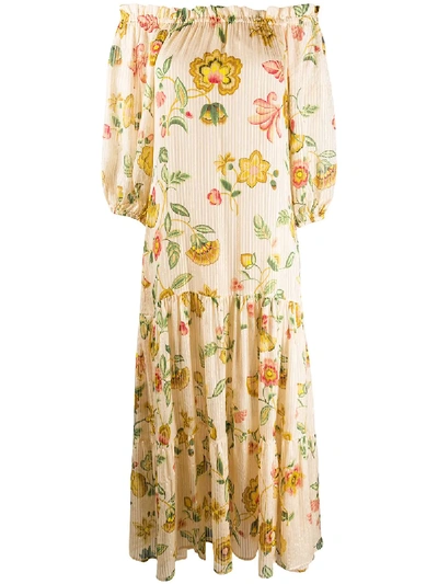 Anjuna Lavinia Off-the-shoulder Floral-print Burnout Metallic Silk-blend Maxi Dress In Cream