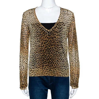 Pre-owned Dolce & Gabbana Leopard Print Lurex Knit Sheer Fitted Top L In Brown