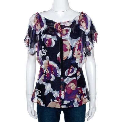 Pre-owned Chanel Navy Blue Floral Print Silk Back Cutout Detail Sheer Blouse L