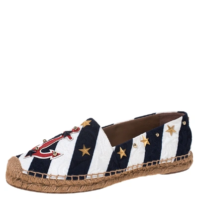Pre-owned Dolce & Gabbana Blue/white Striped Brocade Fabric Star Studded Anchor Espadrilles Size 40