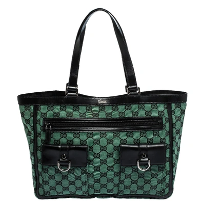 Pre-owned Gucci Green/black Gg Canvas And Leather Abbey Pocket Tote