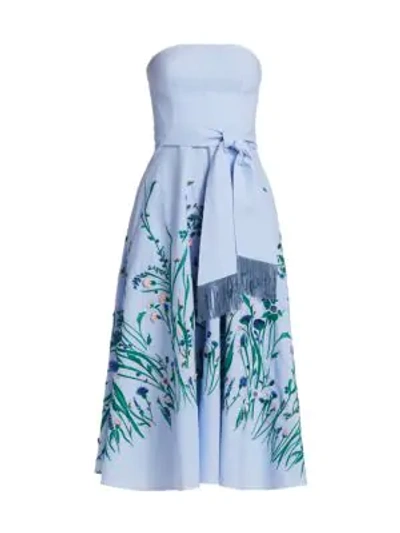 Lela Rose Floral-embroidered Gingham Strapless Midi Dress In Blue Gingham Floral
