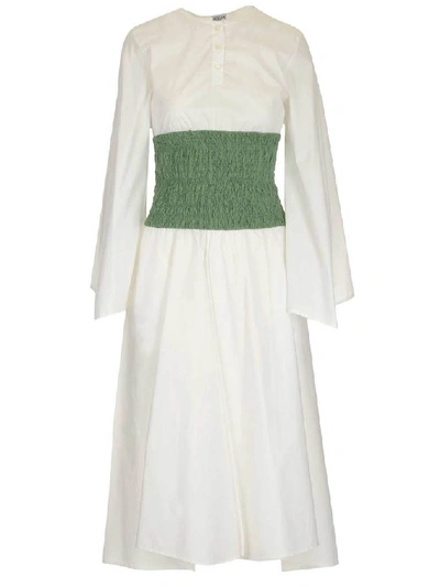 Loewe Two-tone Smocked Cotton-blend Poplin Midi Dress In White