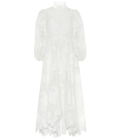 Zimmermann Brightside刺绣亚麻和真丝连衣裙 In Ivory