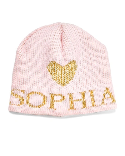 Butterscotch Blankees Kid's Single Heart Metallic Beanie Hat In Pale Pink/gold