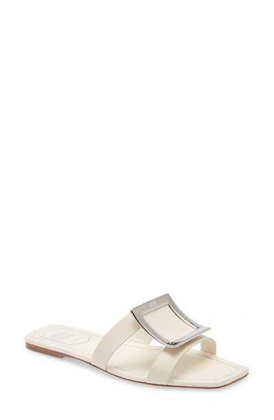 Roger Vivier Flat Leather Buckle Sandals In Cream