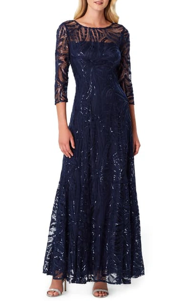 Tahari Embroidered Sequin A-line Gown In Navy