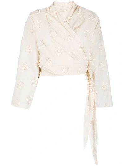 Mes Demoiselles Ouragan Floral-embroidered Cotton-poplin Wrap Top In Neutrals