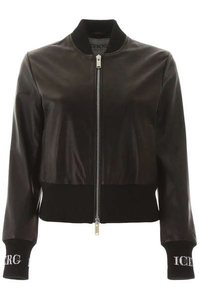 Iceberg Leather Bomber Jacket In Black