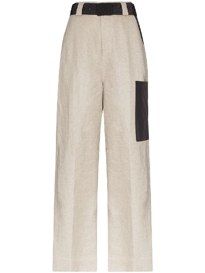 Ganni Shell-trimmed Linen Wide-leg Trousers In Beige