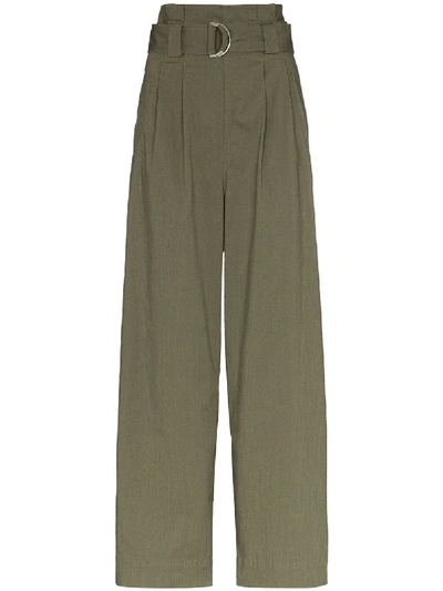 Ganni Paper Bag Waist Wide Leg Trousers In Green