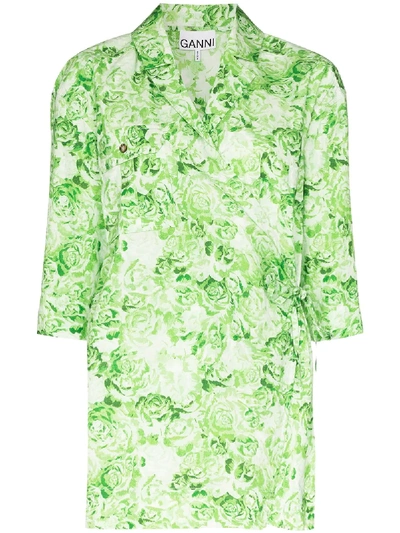 Ganni Oversized Floral Print Wrap Shirt In Green