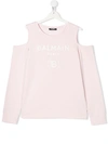 Balmain Teen Logo Cold-shoulder Top In Rosa