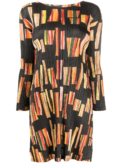 Issey Miyake Pleated Abstract Print Dress In Black