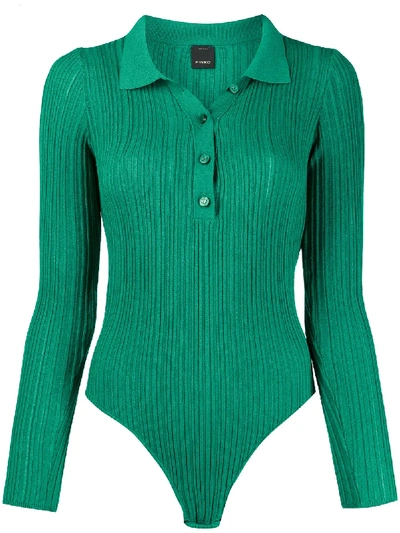 Pinko Long-sleeved Knitted Polo Shirt In Green